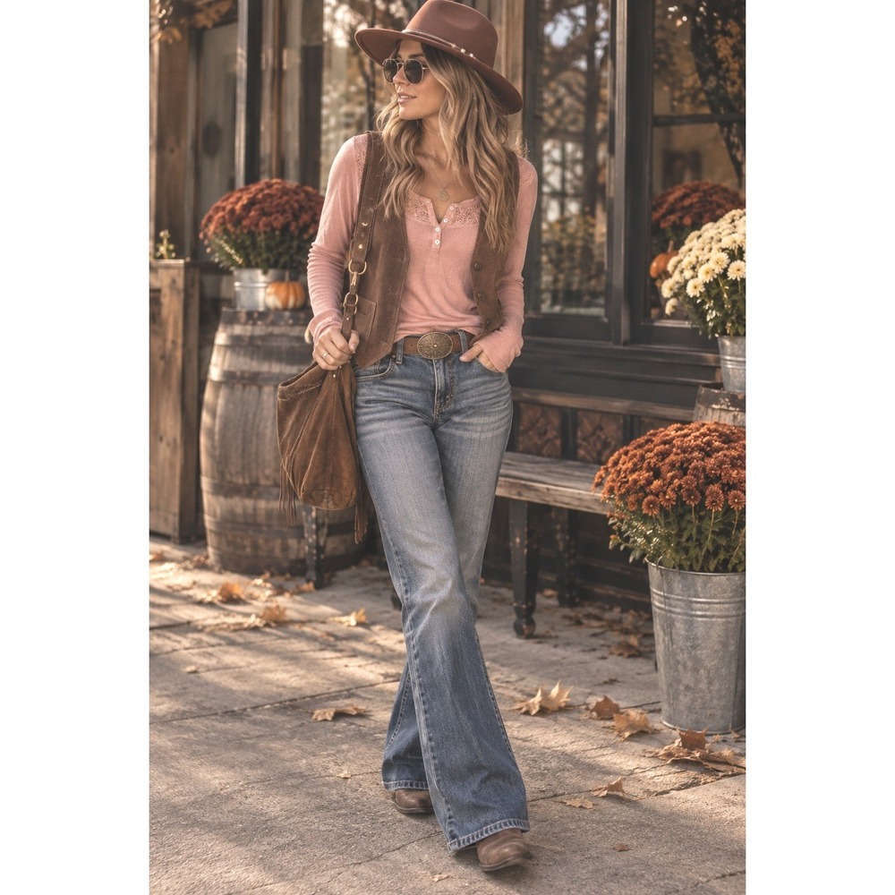 Free People henley LG peach embroidered beads jeans top fall layering western LG